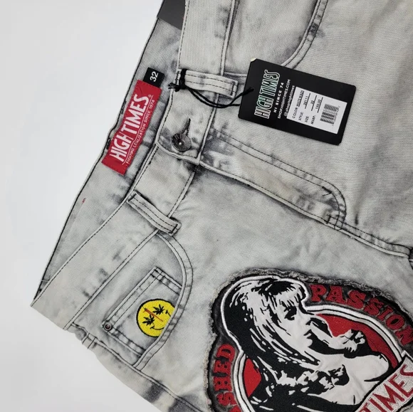 High Times Mens Graphic Printed Distressed Ribbed Moto Jeans White Wash/32/NWT